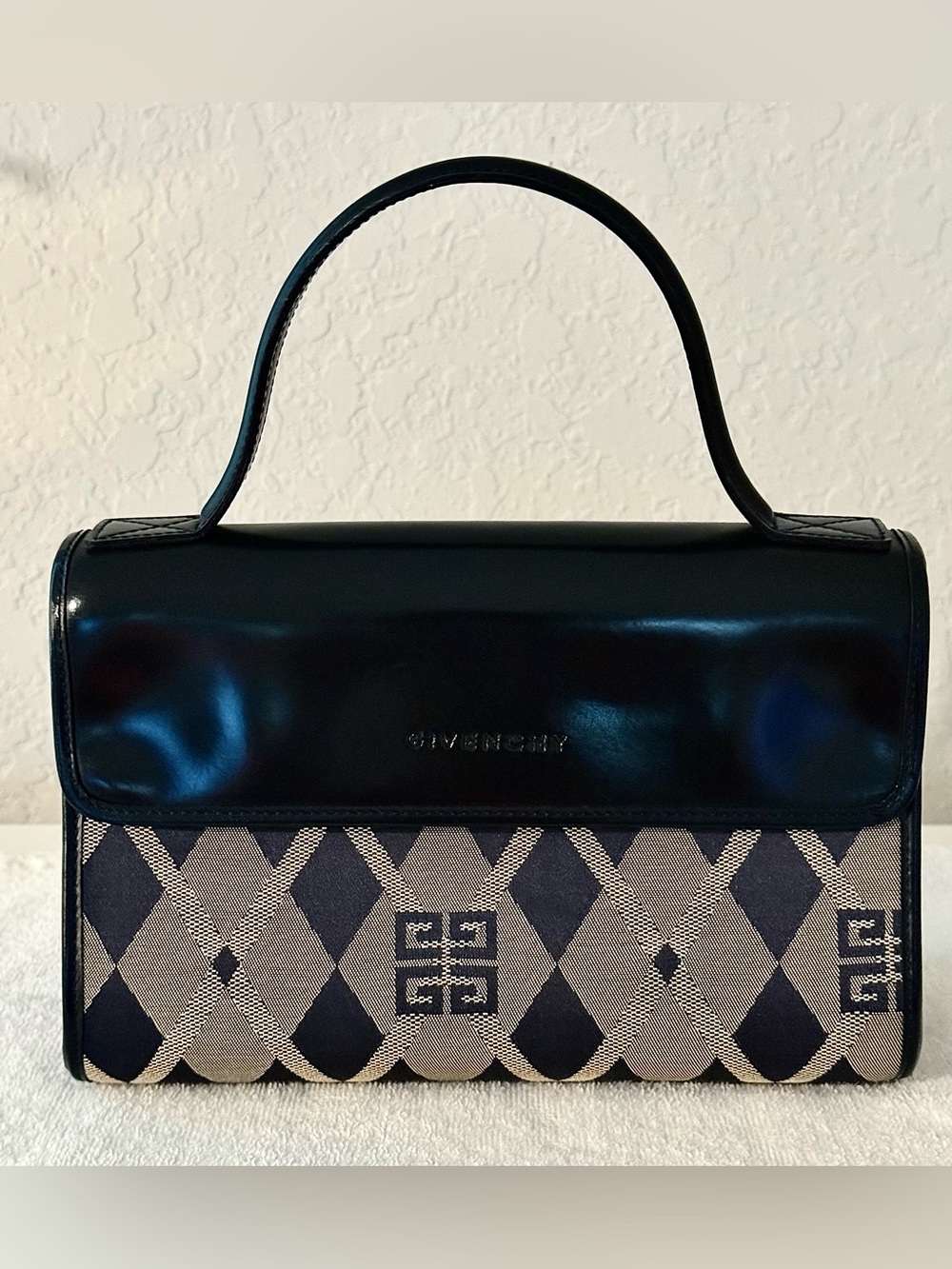 Vintage Givenchy Black and Navy Jacquard/Leaty Top-Handle Bag
